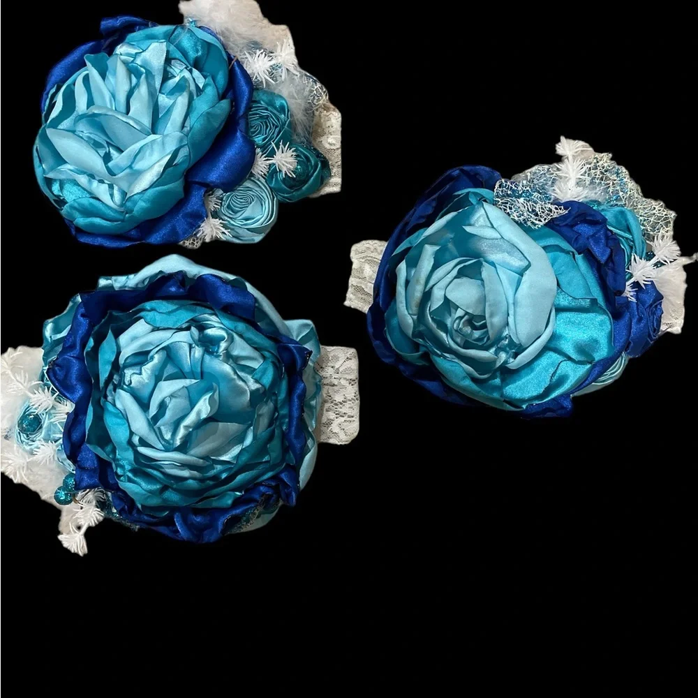 Large oversized big blue flowers headband bows lace satin ribbon hair accessory